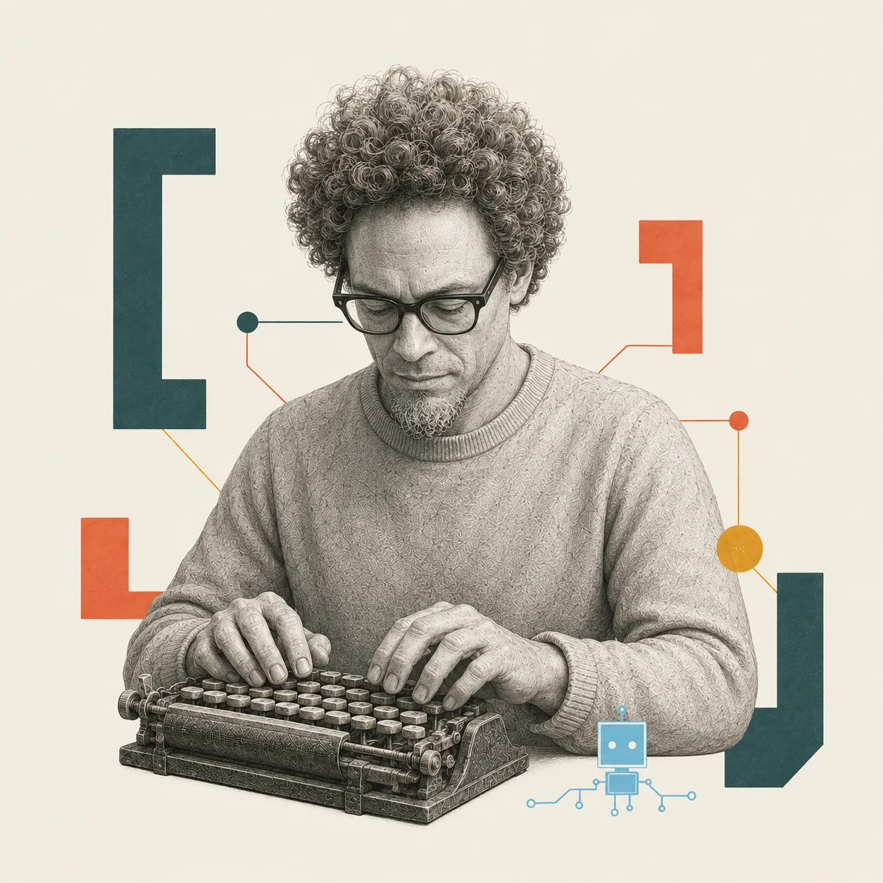Max als Steinstatue an einer Tastatur, umgeben von farbigen geometrischen Elementen.