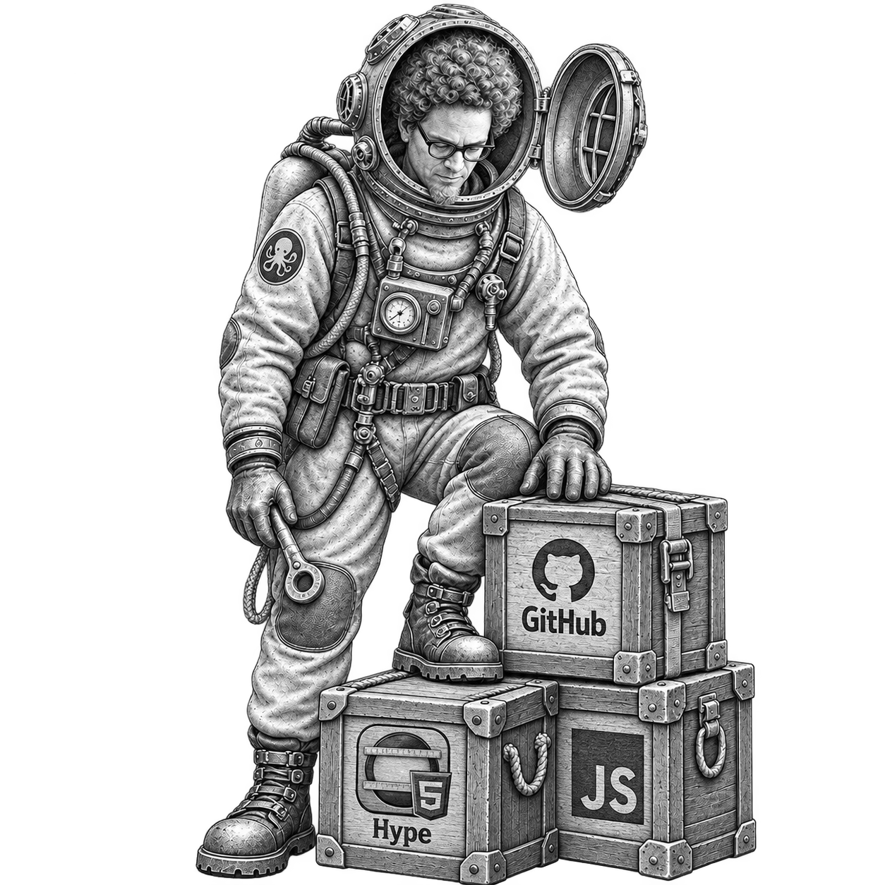 Max im Taucheranzug mit offenem Helm neben Kisten mit GitHub-, Hype- und JavaScript-Aufdrucken.