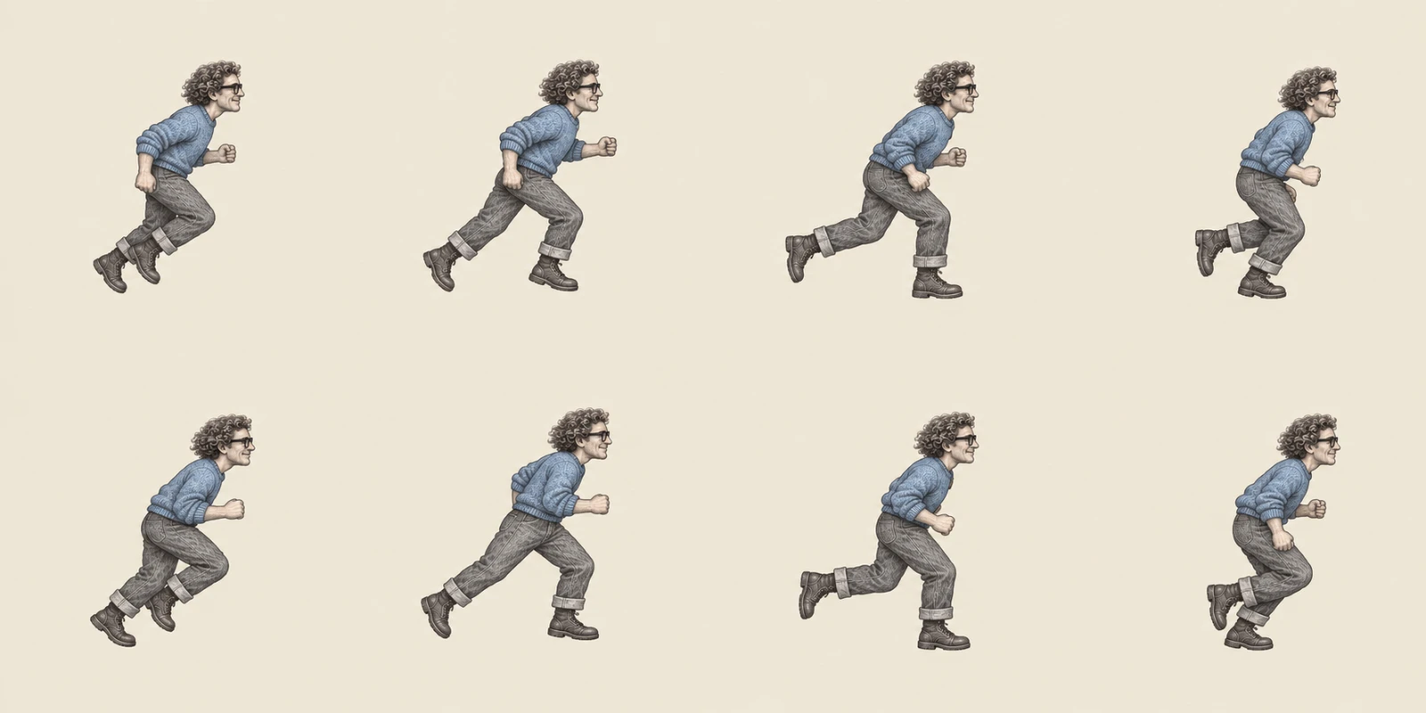 An early running study with eight successive poses of Max in a blue sweater.