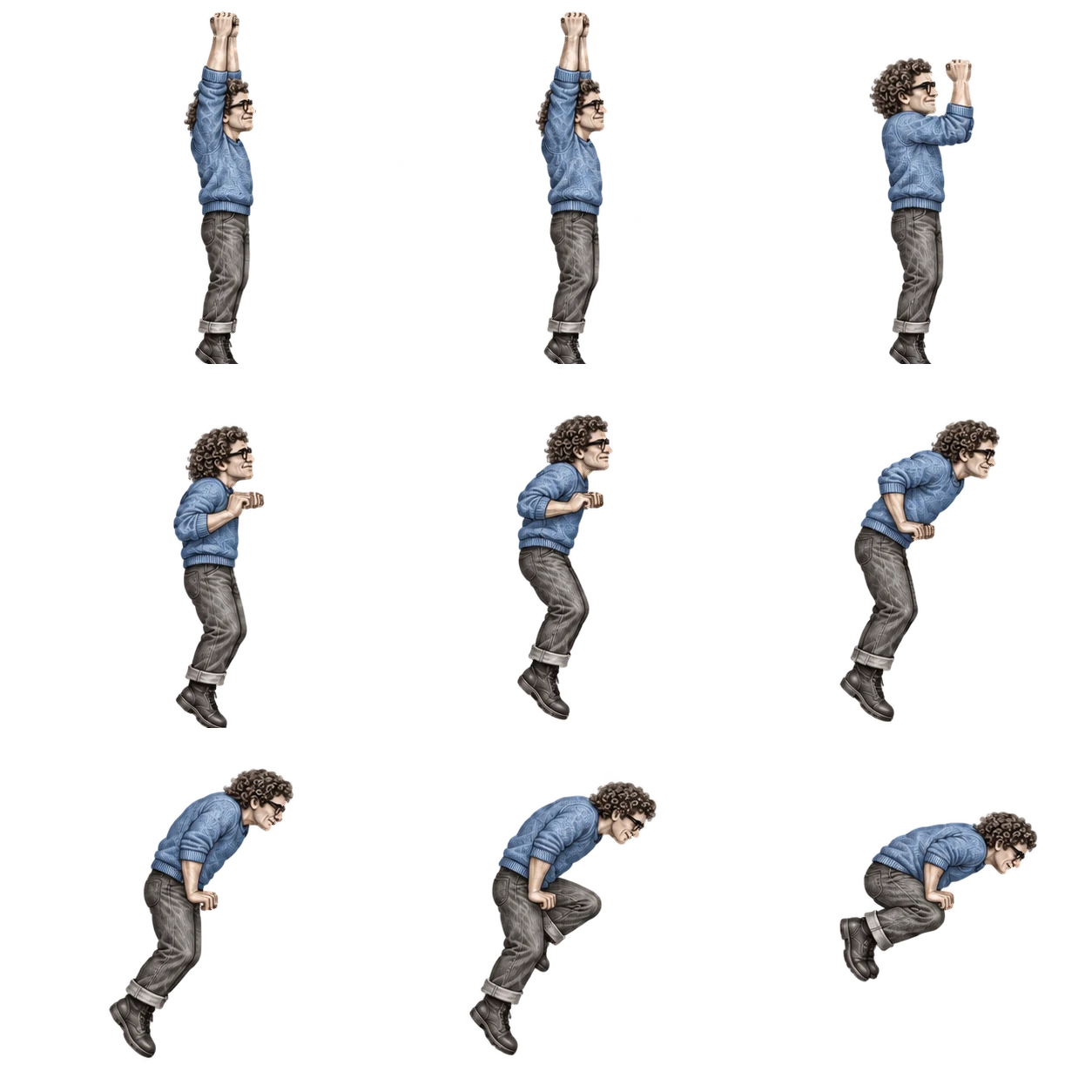 Isolated climbing poses showing Max hanging from a ledge and beginning to pull himself up.