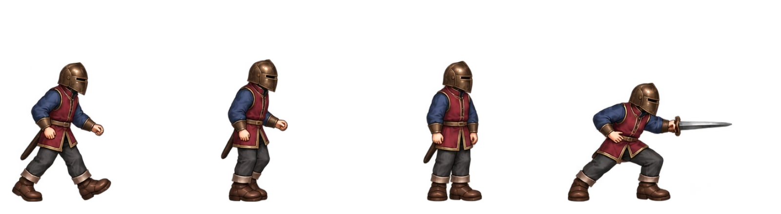 Four selected guard poses: walking with a sheathed sword, standing at rest and preparing for combat.